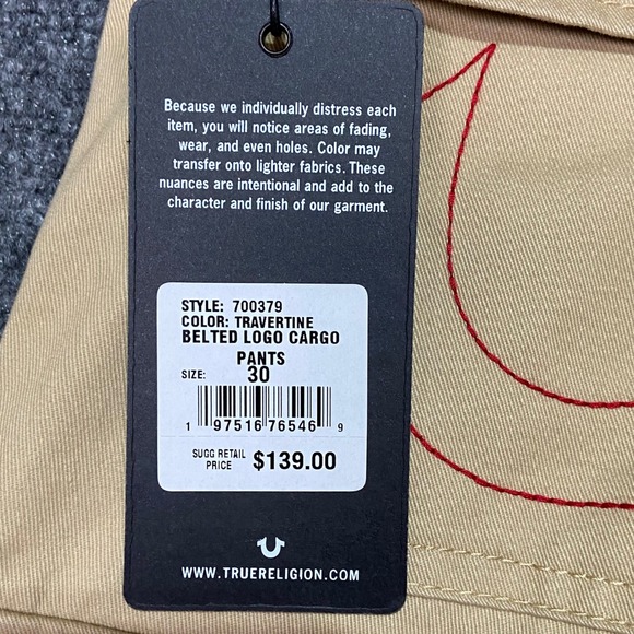 True Religion Men's Size 30X32 Travertine Belted Logo Cargo Pants 700379 NWT‎ - Picture 5 of 8